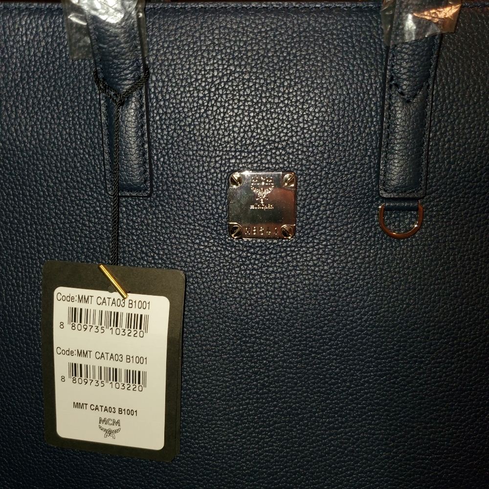 MCM Navy/Black Leather Messenger Tote Bag with Camo/Floral Print - Picture 17 of 17